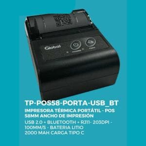 Impresora Termica Global Portatil POS 58mm USB 2.0 + Bluetooth + RJ11 - 203dpi-100mm/s (TP-POS58-PORTA-USB+BT)