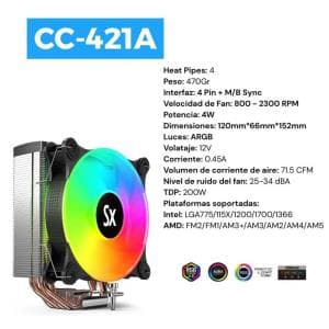 Cooler CPU Solarmax 12mm Fan ARGB TDP 200w (CC-421A) (IC04 202851 M)