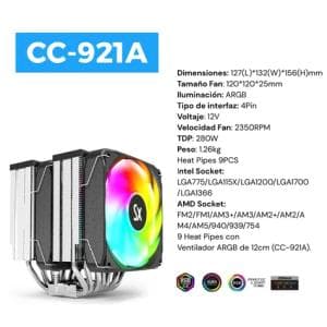 Cooler CPU Solarmax Doble Torre 12mm Fan ARGB TDP 280w (CC-921A) (IC04 202851 M)